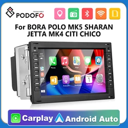 Podofo 2 Din CarPlay Android Car Radio For VW Volkswagen T5 BORA POLO MK5 SHARAN JETTA MK4 CITI CHICO Intelligent System Stereo