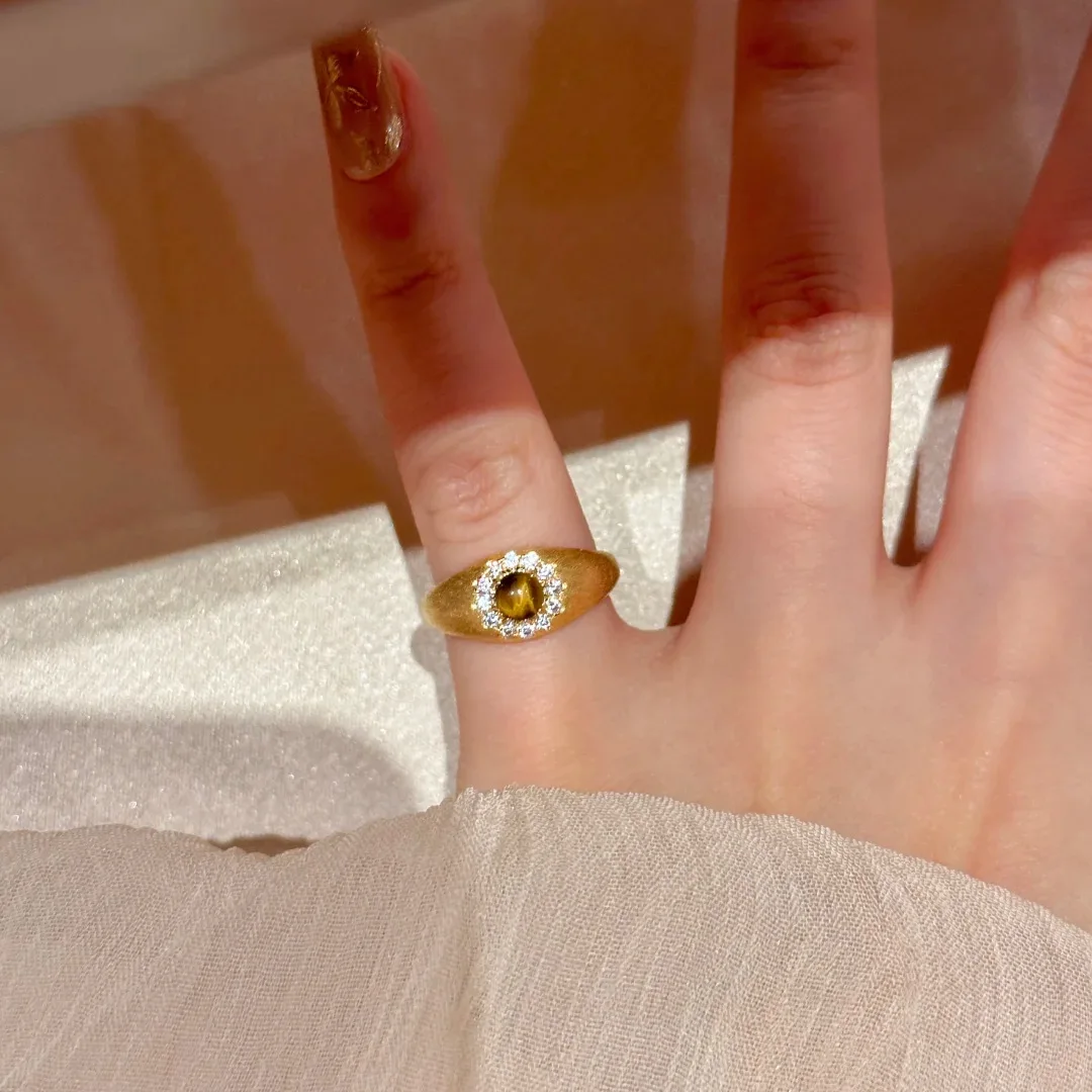 925 S925 Sterling Silver Retro Maillard Natural Tiger Eye Ring Light Luxury Elegant Stackable Micro Inlaid Hand Jewelry