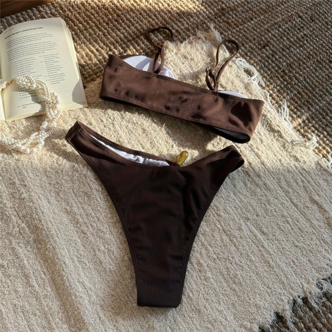 Neuer, verführerischer, gerippter brasilianischer Bikini mit Polsterung, Badeanzug, zweiteiliger Bikini-Set, Damen-Badebekleidung, V6343R. – Detail 26