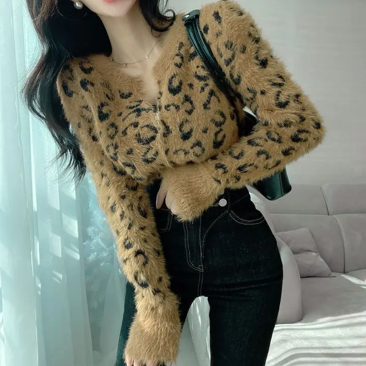 Women\'s Leopard Gothic Pullover Knitted Sweater Harajuku Korean 90s Y2k Long Sleeves Jumper Sweaters Vintage 2000s Clothes