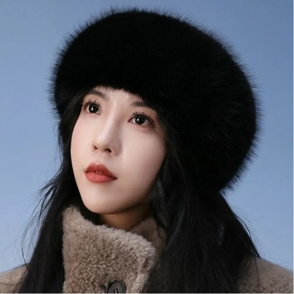 

Fashion Thick Turban Hat Imitation Fox Fur Solid Color Winter Hat Keep Warm Wide Headwrap Winter