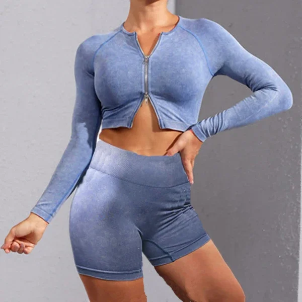 QK Ribbed Women Sport Suit Zipper Yoga Set Gym Workout Long Sleeve Fitness Crop Top High Waist Seamless Leggings Gym Set