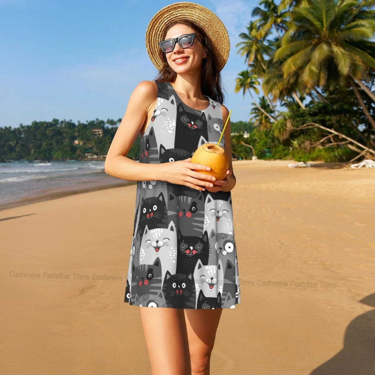 فستان نسائي كارتوني لطيف القطط الصيف عادية تي شيرت فساتين الشاطئ التستر فستان تانك