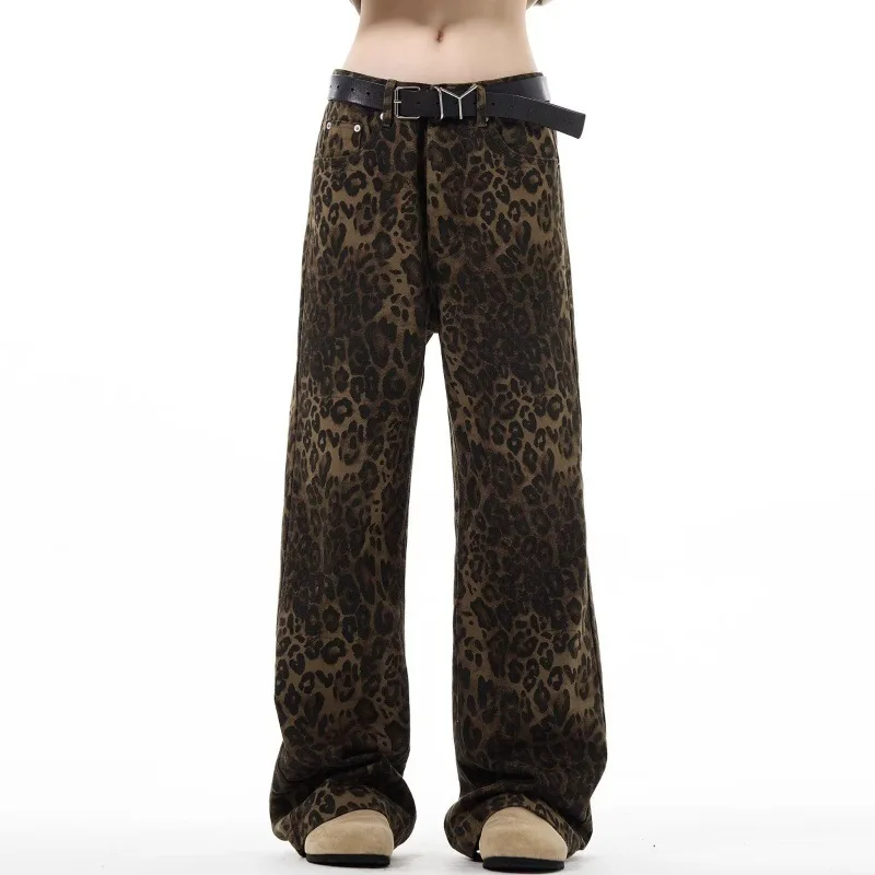 Tan Leopard Jeans Women Denim Pants Female Oversize Wide Leg Trousers Streetwear Hip Hop Vintage Clothes Loose Casual