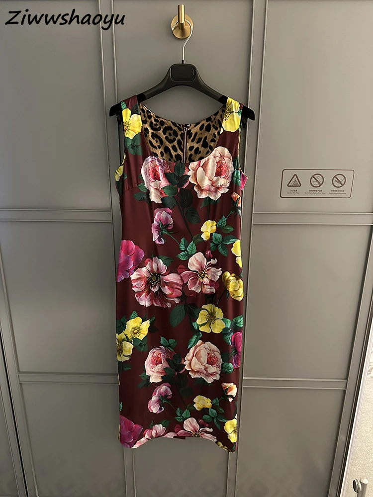 

High Quality Summer Women Fashion Runway Designer Real Silk Multicolor Floral Print Elegant Slim Sleeveless Tank Pencil Dresses