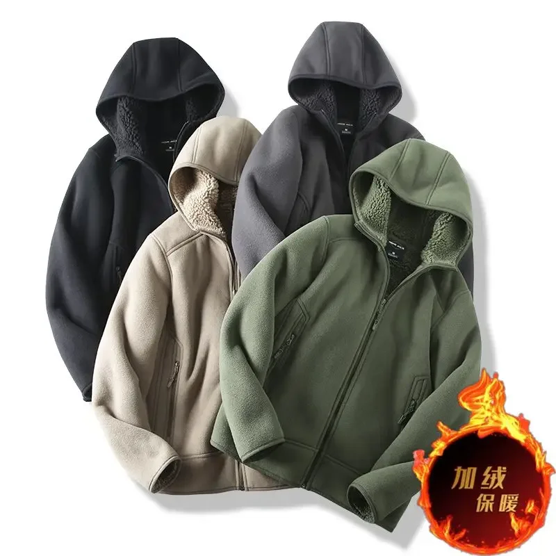 Autumn Winter New Velvet Thick Warm Zipper Sweatshirt Hooded Couple Jacket Men's Clothing Windproof Fleece Jacket High Quality