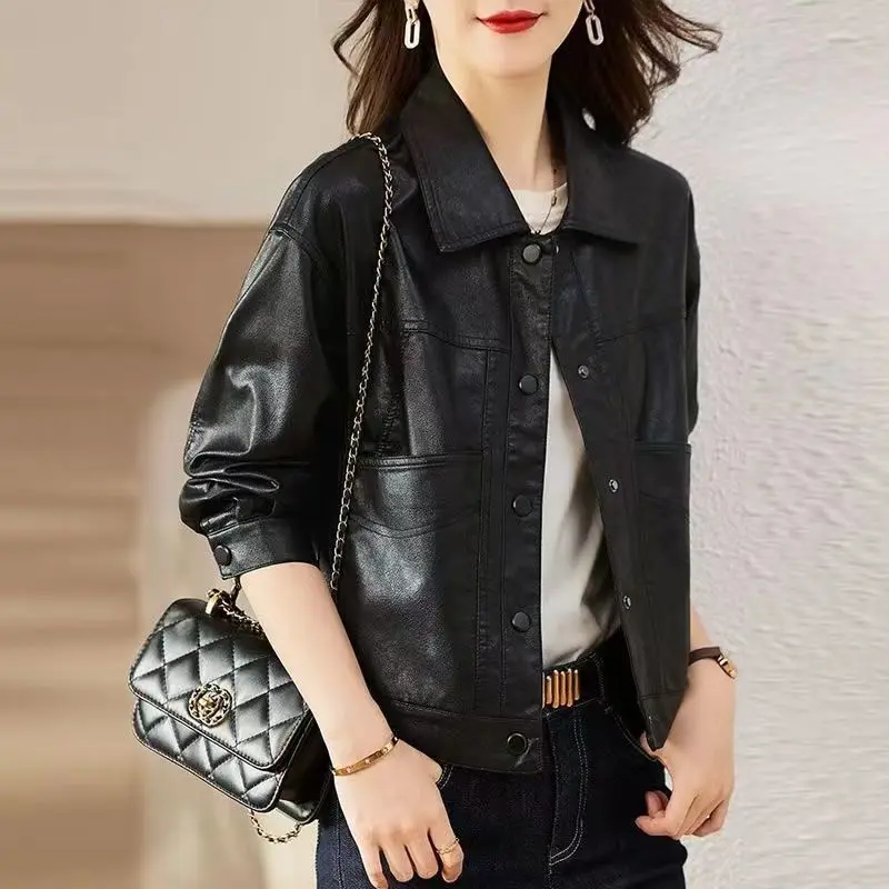 Haining Leather Jacket Women's Short Leather Jacket Winter Plus Velvet Thickened Fashionable Small Fragrance Style