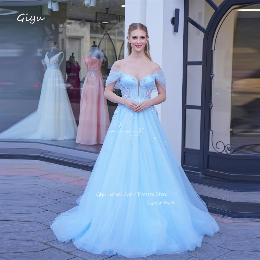 

Giyu Elegant Light Blue Tulle Evening Dresses Weddding Party Dress Sleeves Applique Fairy Korea Photoshoot Prom Gowns Vestidos