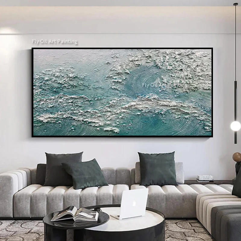 Heavy Texture Hand Painted Abstract Ocean Oil Painting, 3D Impasto Teal Sea Waves Palette Knife Coastal Canvas Wall Art