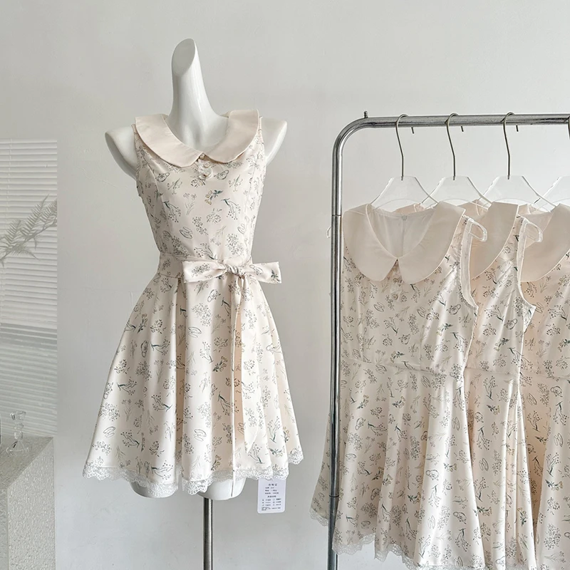 Süßes florales Minikleid für Damen, Sommer, ärmellos, Spitze, Patchwork, Bandage-Kleider, reine Baumwolle, Kawaii, Peter-Pan-Kragen, Freizeitkleid