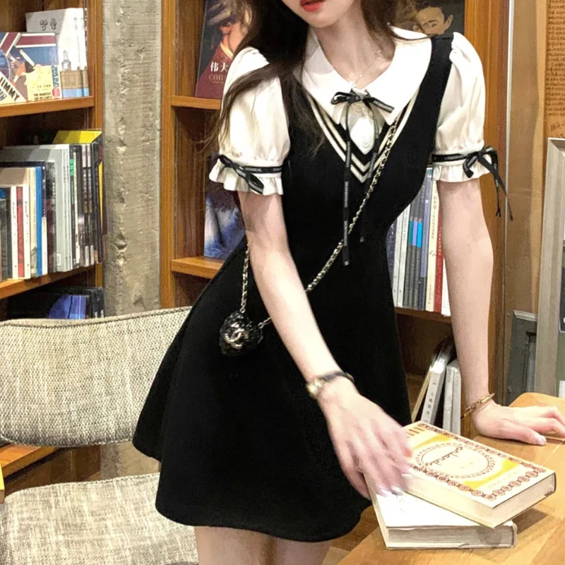 Women\'s Summer Preppy Style Sweet Drawstring Letter Bow Polo Collar Patchwork Fake Two Pieces Short Sleeve Slim A-line Dresses