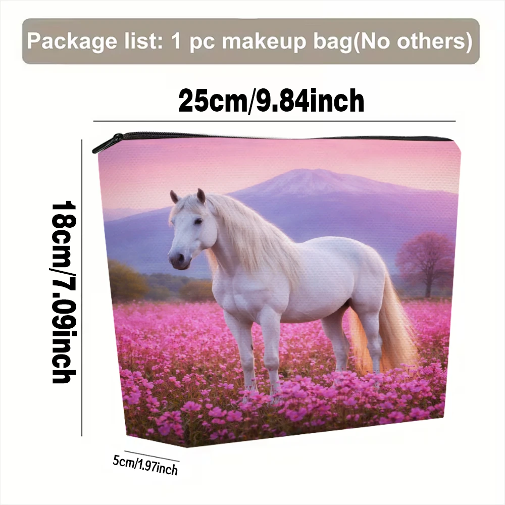 White Horse In Pink Field Makeup Bags for Girls Cosmetic Pouch Toiletry Bag Pencil Case Travel Storage