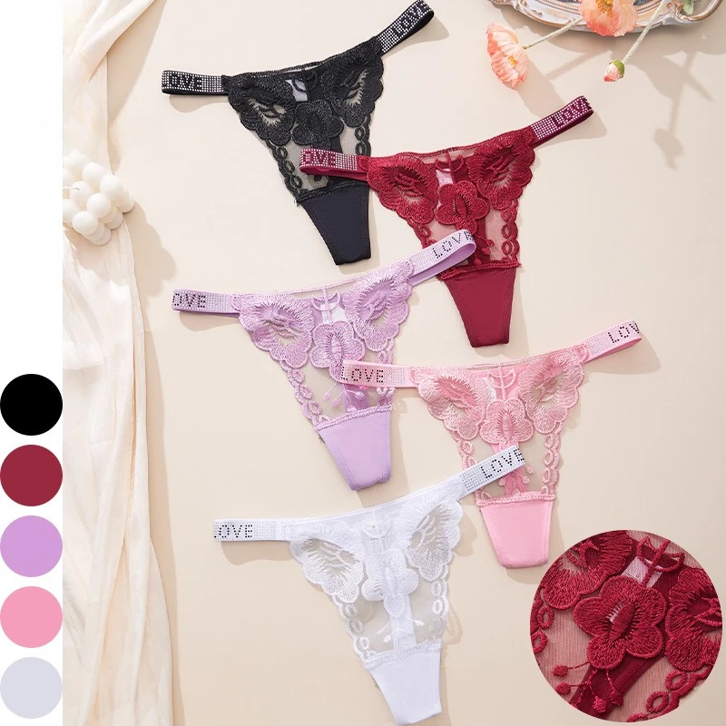 5pcs Women's Underwear Semi-transparent Hollow Out Lace Floral Panties Two Shiny Belts Underpants Female Briefs Lingerie