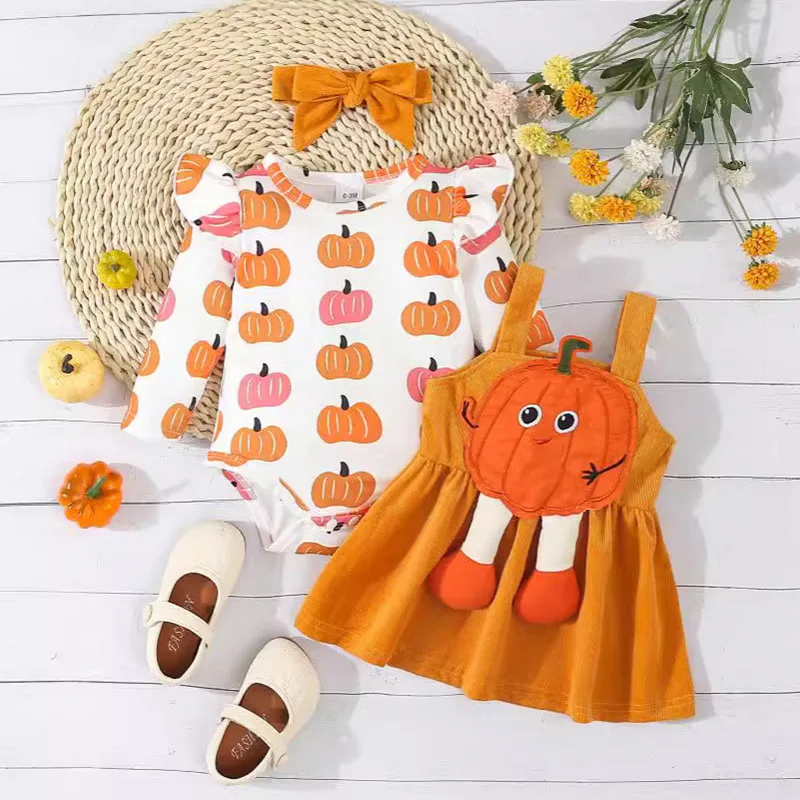 MILANCEL New Halloween Baby Bodysuit Set Infant Sweet Cartoon Pumpkin Jumpsuit + Corduroy Suspender Skirt +Hair Band