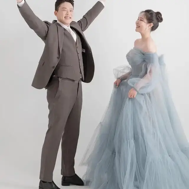 ZHIO 회색이 도는 파란색 얇은 명주 그물 이브닝 드레스 한국 웨딩 사진 촬영 관점 슬리브 바닥 길이 신부 가운 공식 맞춤형