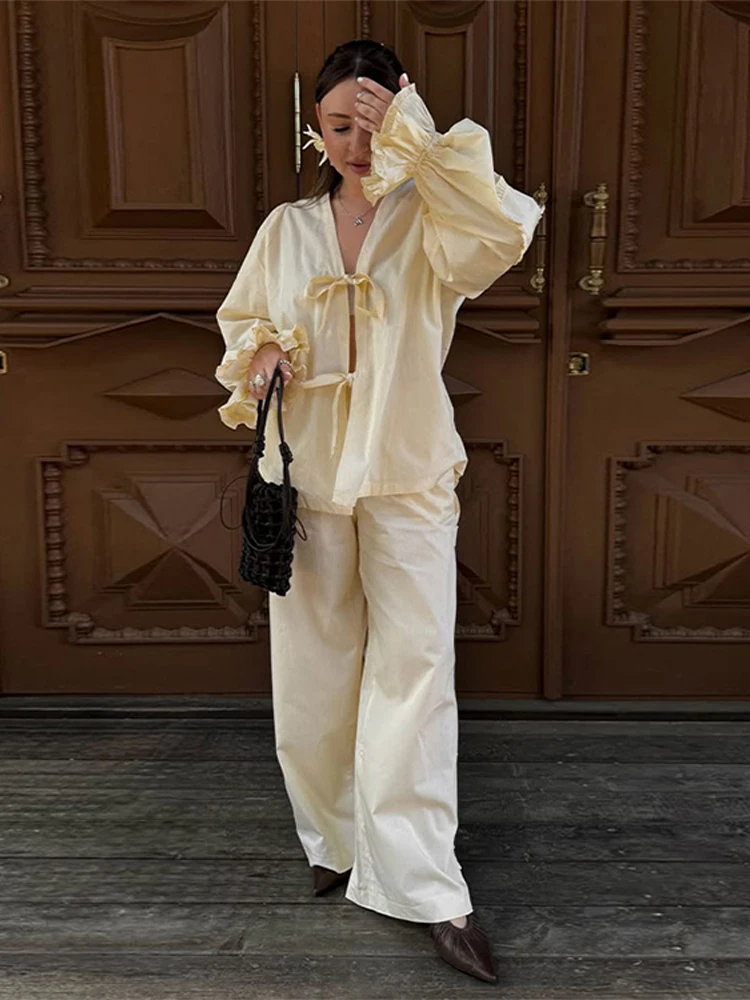 

Fashion Lace Up Shirt Pants Sets Women Loose V-neck Hollow Out Flare Sleeve Blouses Wide Leg Pant 2025 Summer Lady Casual Outfit