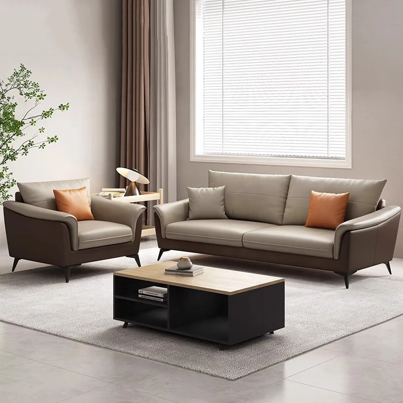 Modern Simple Leather Boss Reception Set for Office Front Desk Three-Person Coffee Table Foldable for Business Living Room