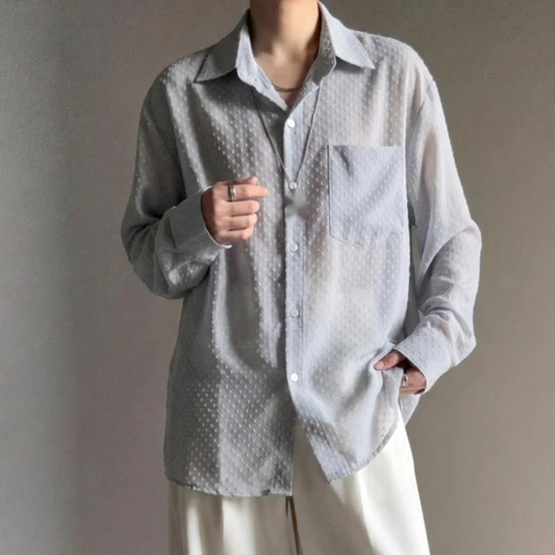 WVGA Spring Autumn New Men Hollow Out Breathable Long Sleeved Shirt Sun Proof Niche Chic Casual Turn-Down Collar Tops Ins W26544