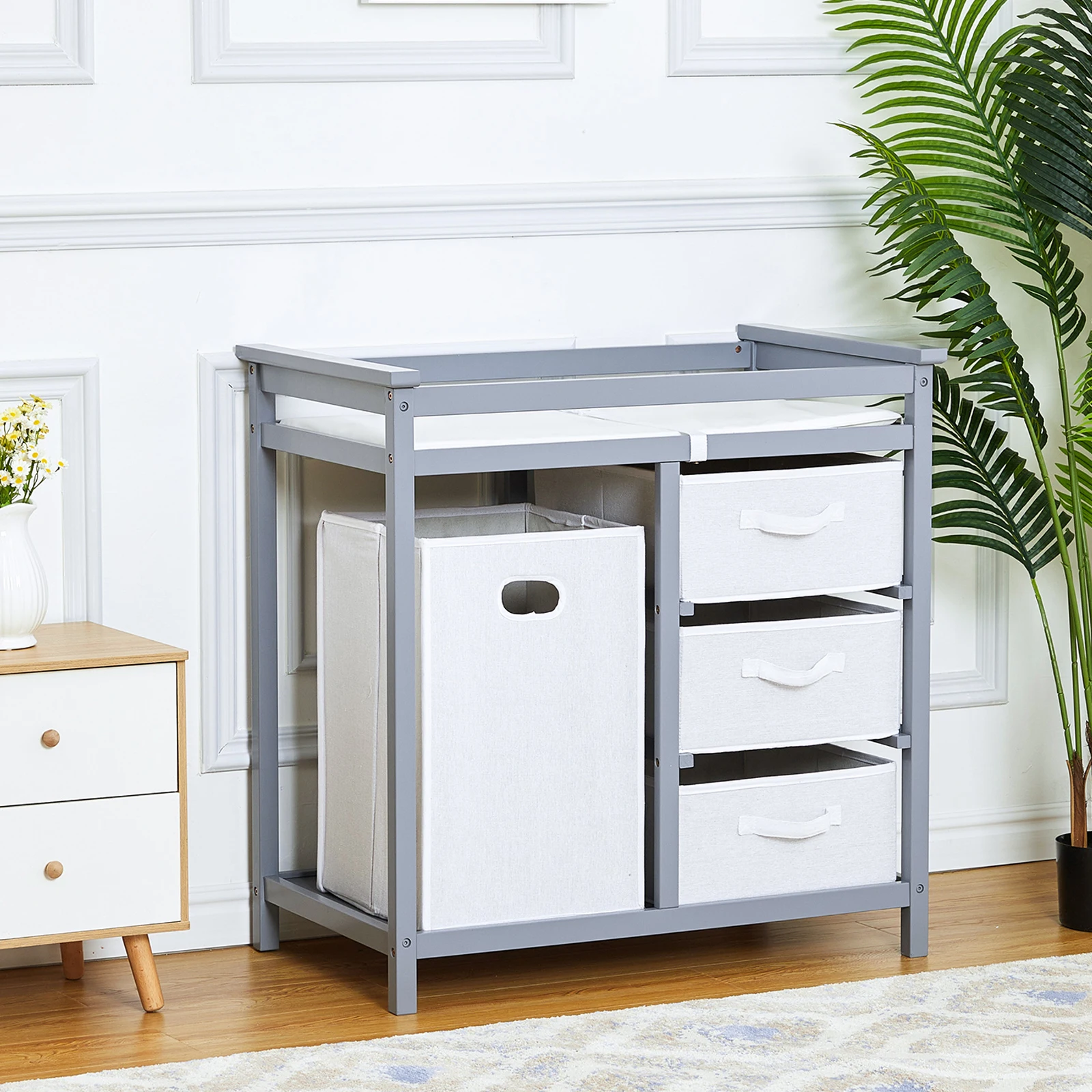 Modern Wooden Baby Changing Table with 3 Storage Drawers and Laundry Hamper, Nursery Dresser Diaper Changing Station with Safety Belt & Changing Pad for Infant and Toddler