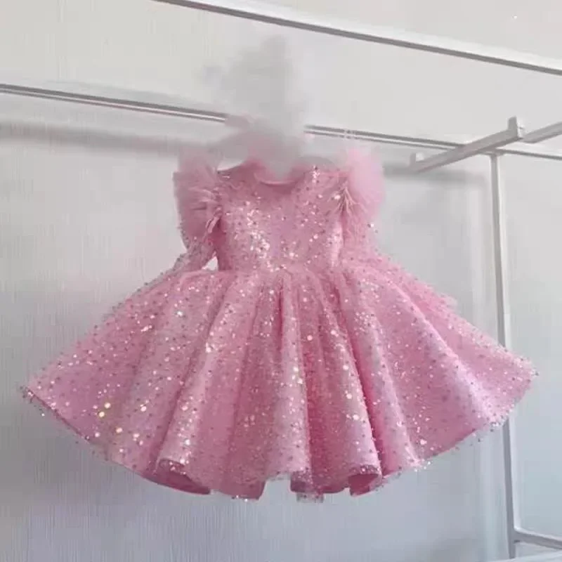 First Birthday Party Dresses For Baby Girls White Princess for Wedding Dress Sequins Simple  Children Performance Costumes