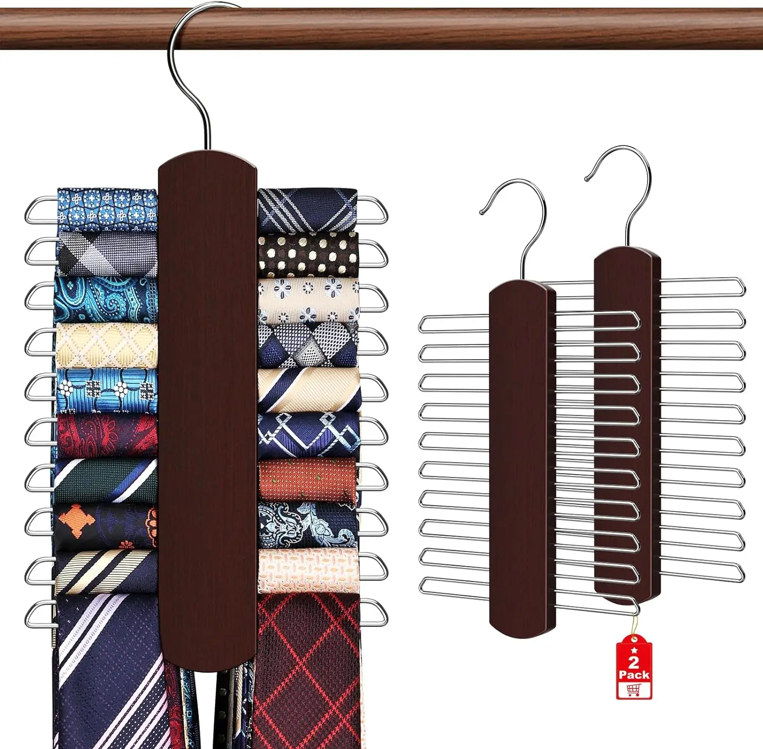 

2 Pack 360 Degree Swivel Space Saving Tie Rack Premium Wooden Necktie Organizer Storage Ties Holder for Men Hanging 40 Ties