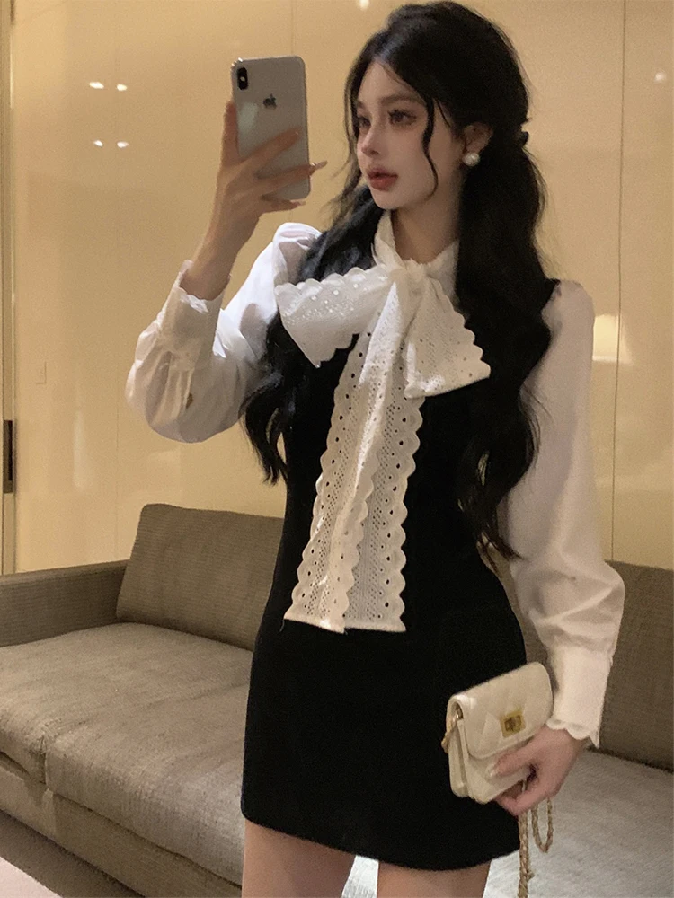 

White Knot Shirt Women's New Early Spring Lace Trim Top Layered Wear Base Layer Shirt Autumn Winter Korean Style Co...