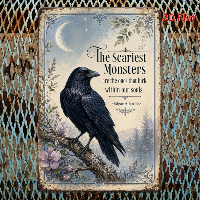 2D Flat, Decorative Sign 2D Flat, [2Dflat], 1pc Edgar Allan Poe The Scariest Monsters Quote Tin Sign, Gothic Raven Decorative