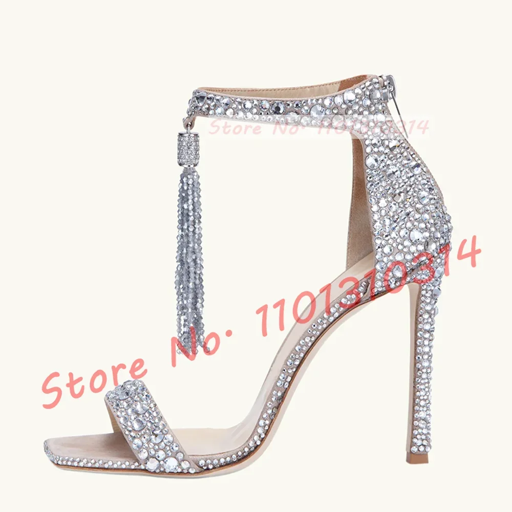 

Sparkly Crystal Tassels High Heels Sandals Women Luxury Open Square Toe Pearl Suede Shoes Summer Party Studded Fringes Sandals
