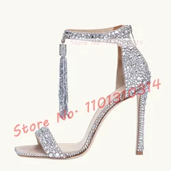 Sparkly Crystal Tassels High Heels Sandals Women Luxury Open Square Toe Pearl Suede Shoes Summer Party Studded Fringes Sandals