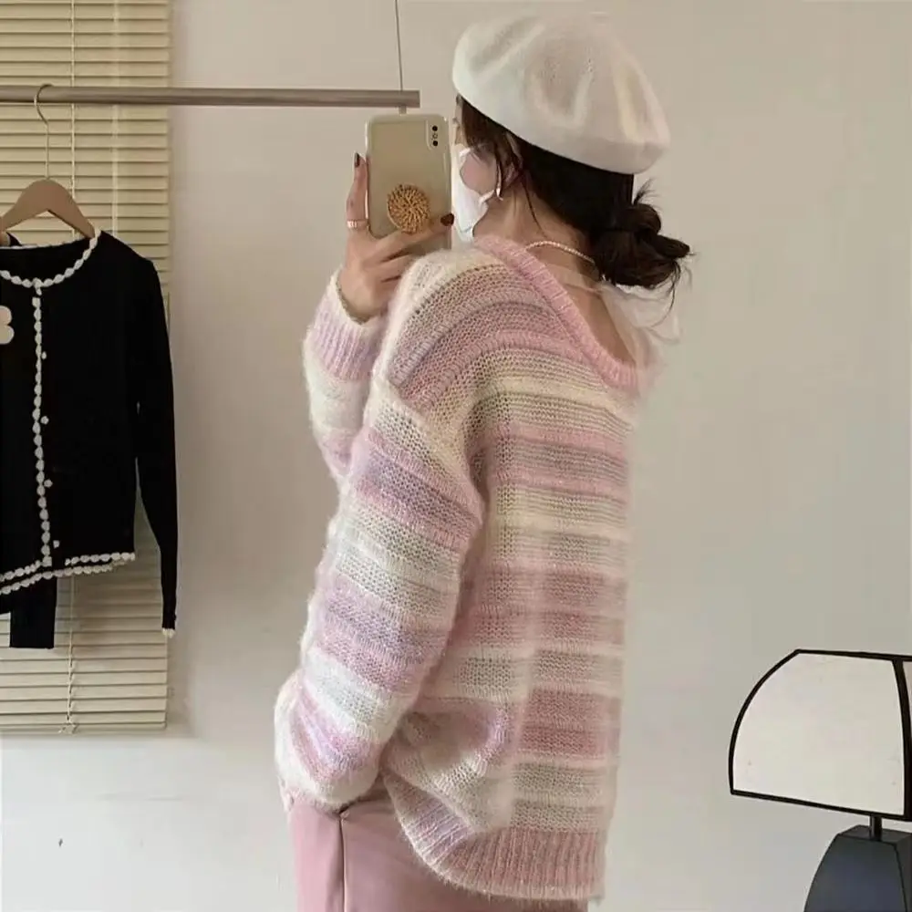 Hollow stripe pullover sweater gradient soft waxy wind sweater loose and thin high-end long-sleeved knitted pullover sweater top