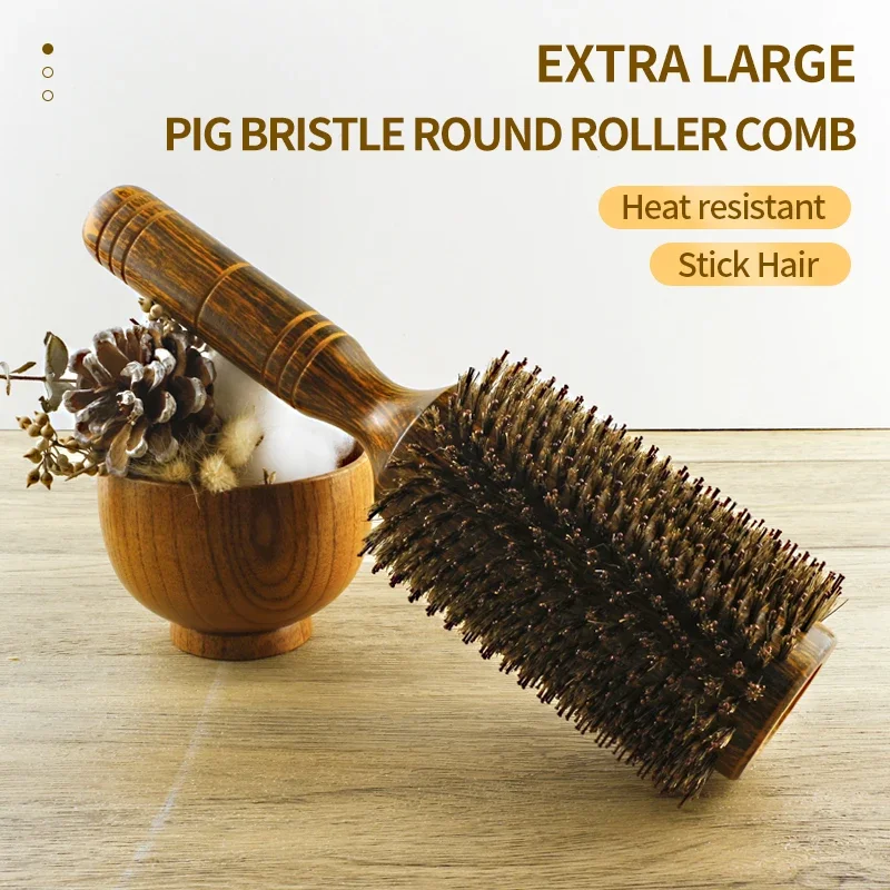 Professional Boar Bristle Round Hair Brush For Women Men Hair Styling Comb Hairdressing Wood Round Brush Barber Accessories