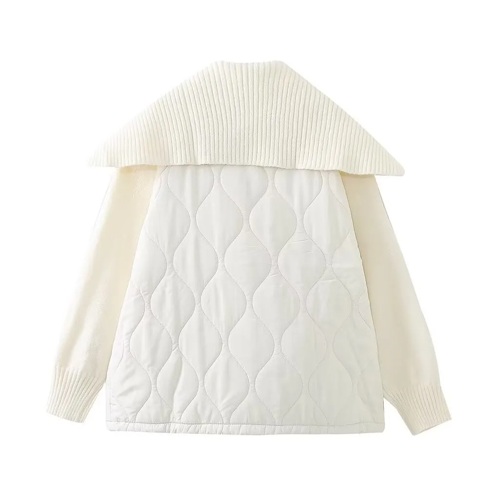

Fashionable Women's Winter Coat Sweet Elegant Ladies Outerwear With Large Lapel Retro Patchwork Knitted Cotton Jacket