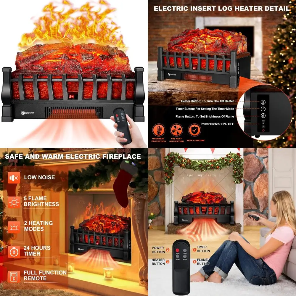 

Infrared Electric Fireplace Log Insert with Remote Control, 5-Level Flame Brightness, 24-Hour Timer, and Overheating Protection