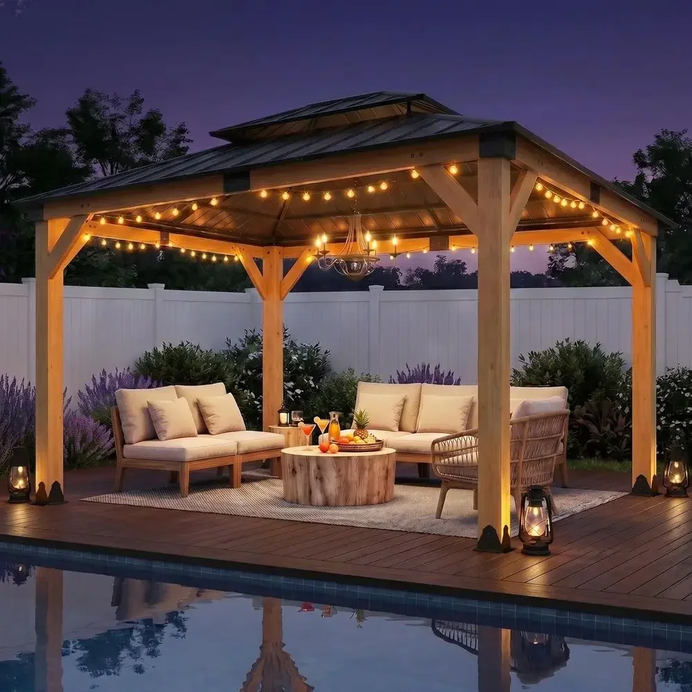 10X12 T CeWood Hardtop Gazebo, Heavy Duty Wooden e Gazebo with Metal Roo, Outdoor Patio or Backyard, Deck, Lawn & Garden
