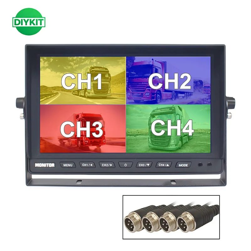 DIYKIT 4CH 10.1inch AHD IPS 4 Split Quad Screen Display Rear View Car HD Monitor for 1080P 720P AHD CVBS Car Camera