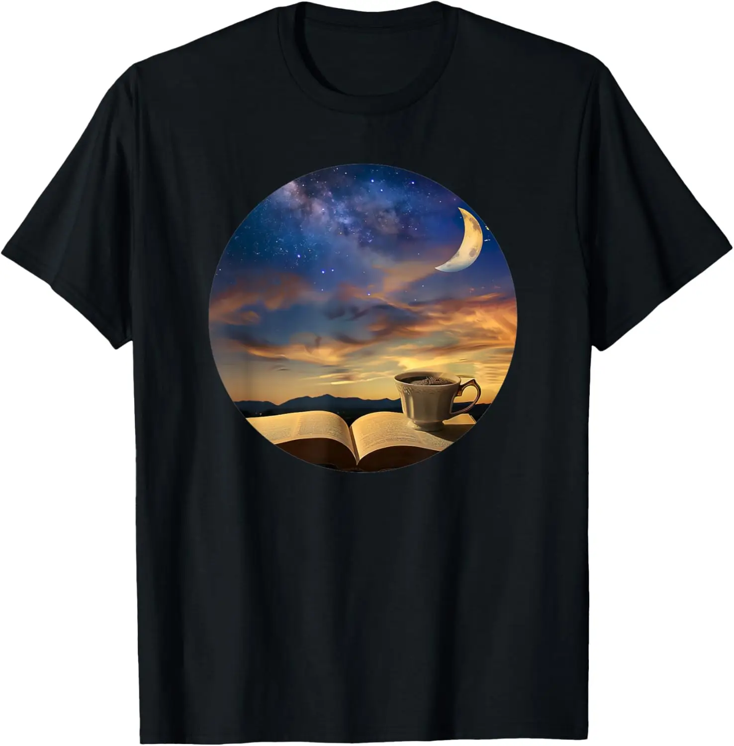 Camiseta con estampado de estrellas y estrellas de la taza de café de la luna del libro