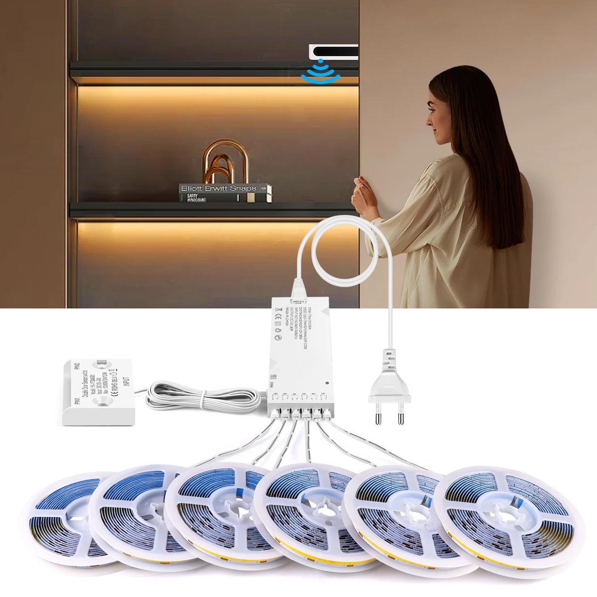 Double Door IR Proximity Sensor Switch Smart Night Lights EU Plug 1-10pcs 1-2M COB LED Strip for Wine Shoe Storage Cabinet Decor