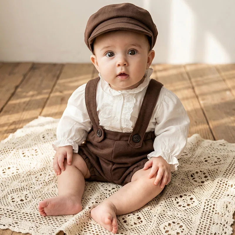 3Pcs Newborn Photography Props Baby Boy Gentleman Outfit Short Sleeve Button Romper Suspender Shorts Photo Shoot Costume Set