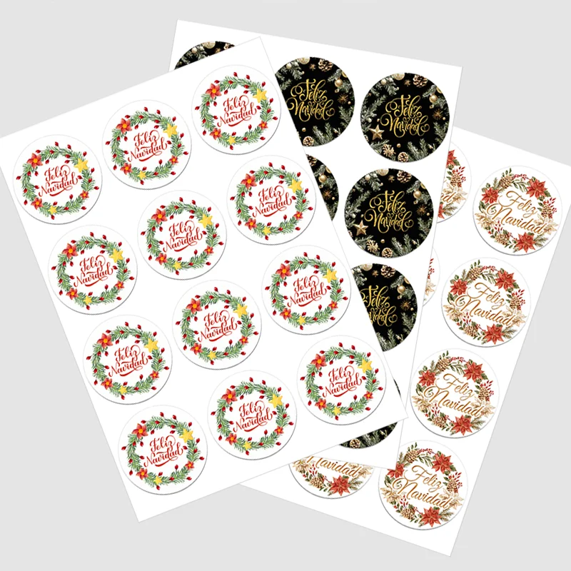 Feliz Navidad Spanish Merry Christmas Stickers Decorative Flower Decor Stickers Wrapping Gift Box Label Christmas Labels