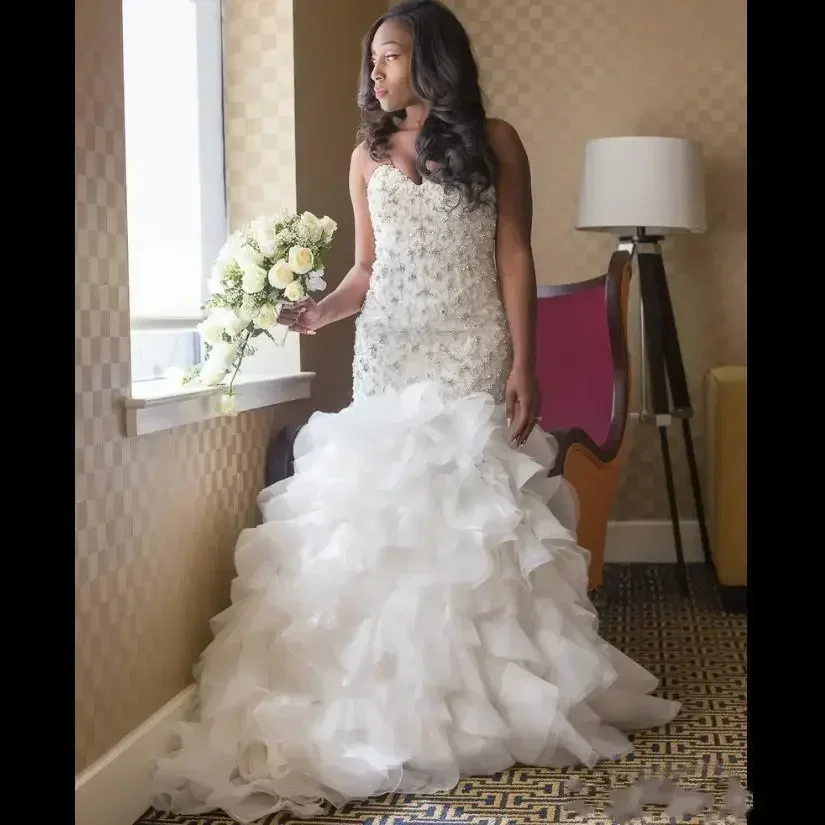 Customized Beading African Long Puffy Tiered Skirts Mermaid Wedding Dresses Sweetheart Neck White Organza Plus Size Bridal Gown