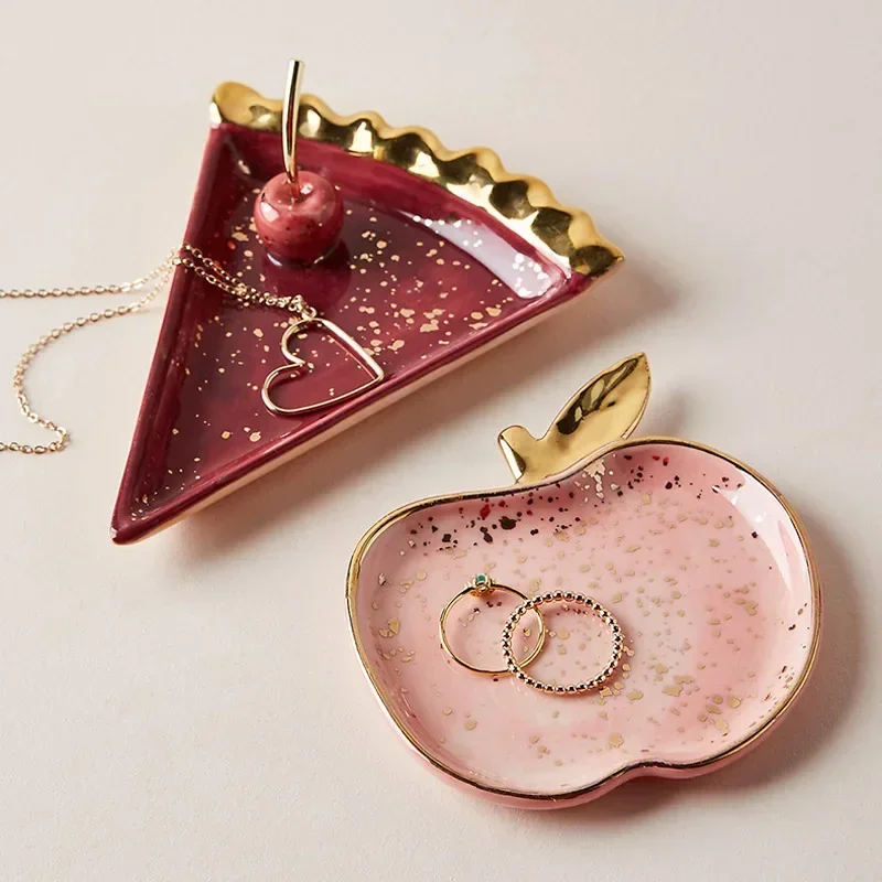 Nordic Ceramic Watermelon Shaped Small Jewelry Dish - Apple Design Earrings Necklace Ring Storage Plate Fruit Dessert Display Bo