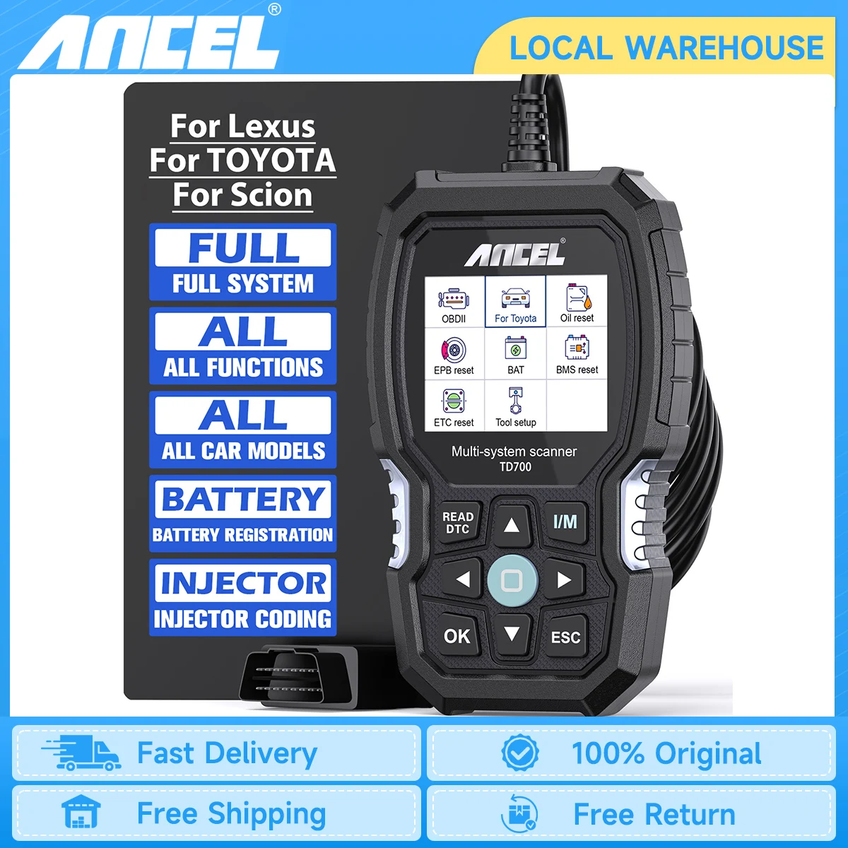 ANCEL TD700 OBD2 Scanner for Toyota Full System Transmission TPMS Relearn ABS Engine Car Diagnostic Scan Tool for /Lexus/Scion