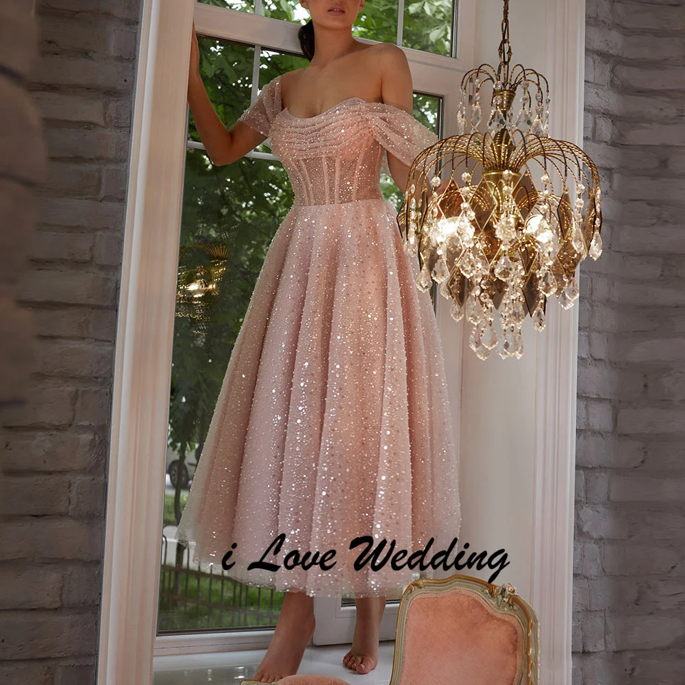 

Customized Sparkly Off Shoulder Sequins Prom Dress A-line Tea-Length Backless Draped Evening Gown for Women Custom Made