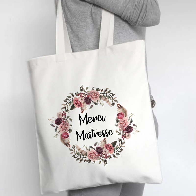 Bolso de hombro de lona con estampado francés para mujer, bolsa de viaje ecológica reutilizable, para guardar libros, regalos para profesores