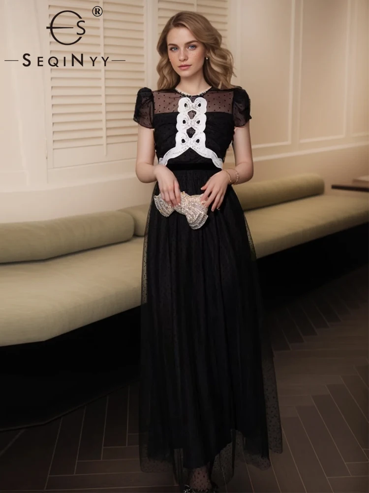 

SEQINYY Elegant Black Long Dress Summer Spring New Fashion Design Women Runway Short Sleeve Bow Beading Dot Mesh Party