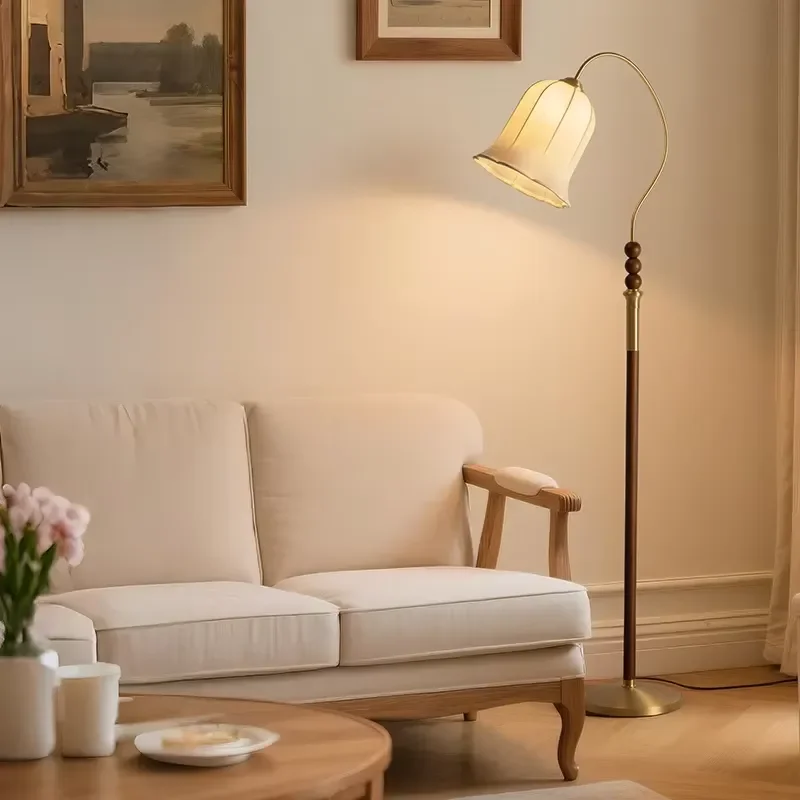 Eslan Retro Lotus Floor Lamp Solid Wood Metal Glass Standing Light Intelligent Dimming Vertical Living Room Decor Modern