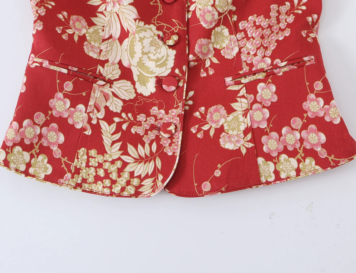 KLKXMYT Lässige, schicke Damenweste mit Blumenmuster, einreihig, modisches Oberteil, Sommer 2026, Kurzarm-Streetwear-Weste. – Detail 9