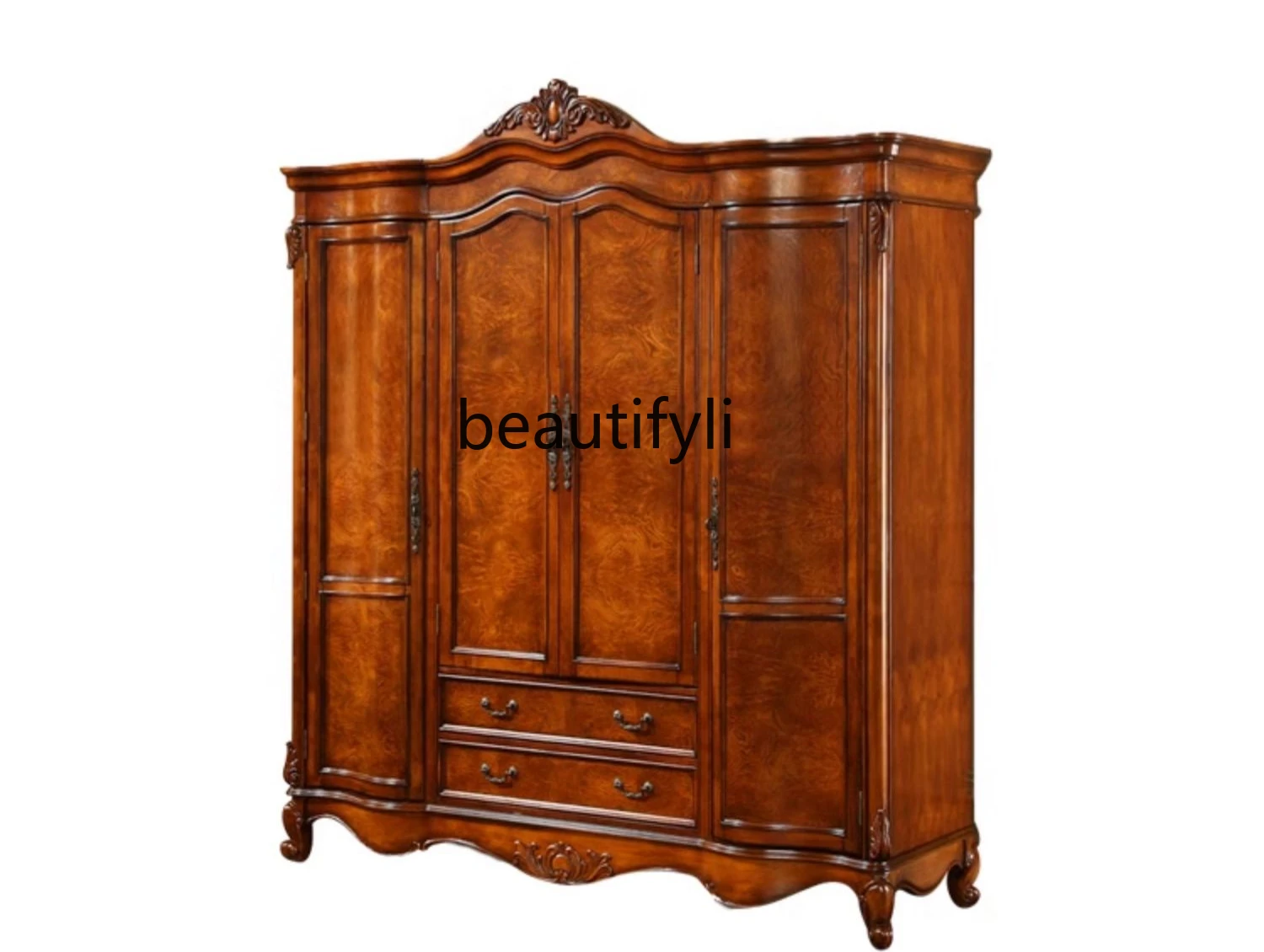 

American solid wood four-door large wardrobe European simple wardrobe bedroom villa retro cloakroom, locker