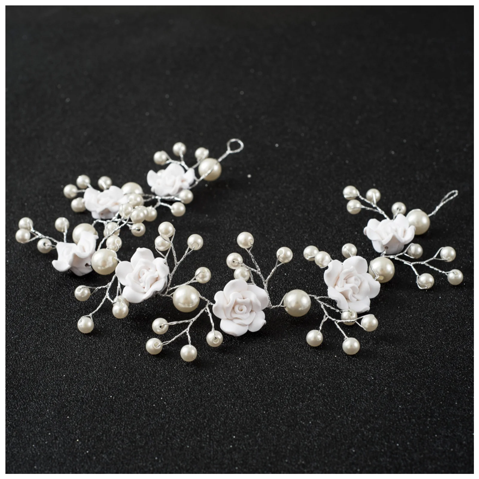 Bridal White Flower Headband Soft Ceramic Rose Headdress Pearls Hair Vine for Woman Hair Styling Tools