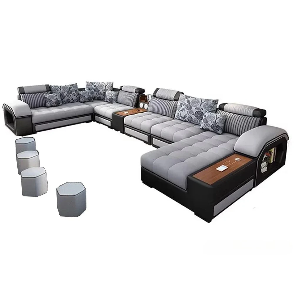 U-Shaped Sectional Fabric Sofa Set - Modern Living Room Furniture with Storage, Built-in Side Tables, USB, and Cushions